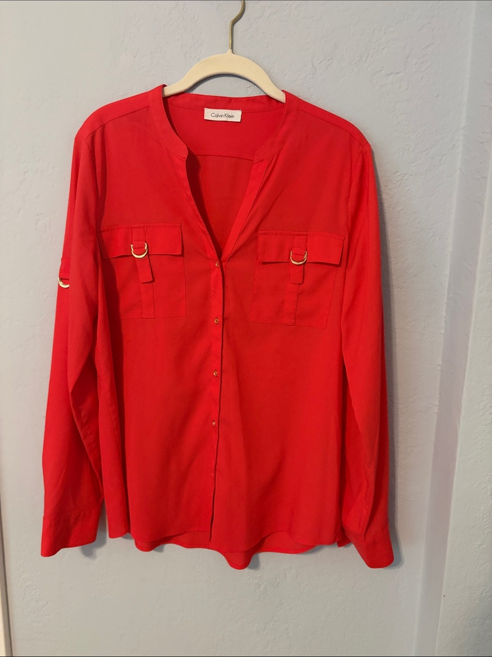 Calvin Klein Bright Coral Long Sleeve Button-Front Top